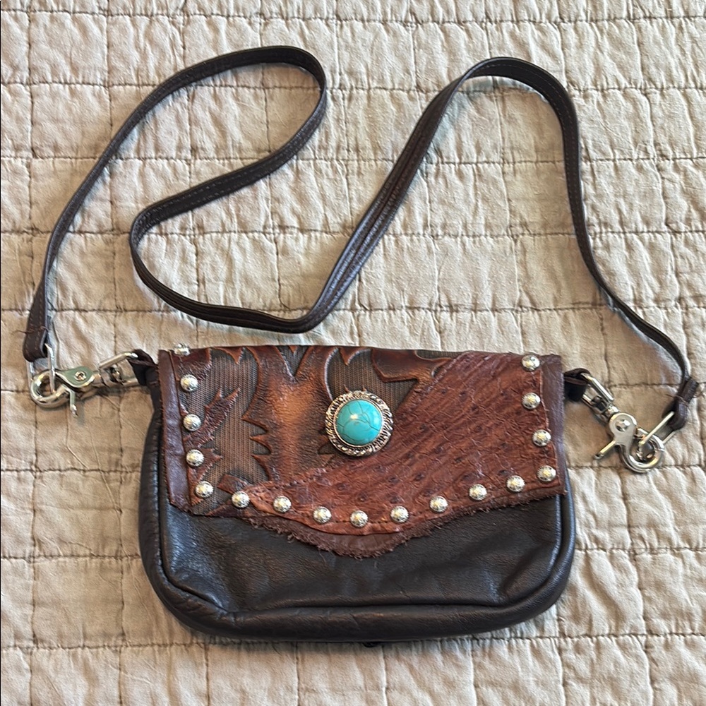 Brown Leather Crossbody Bag with Turquoise Accent